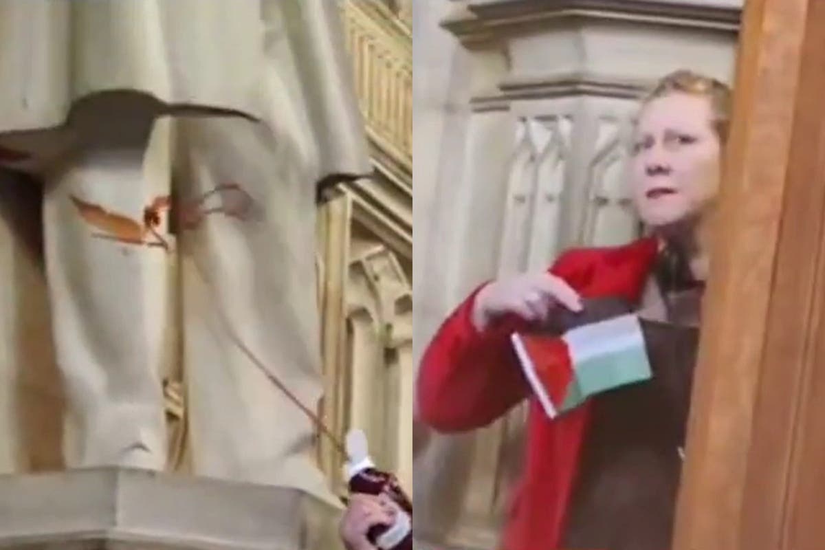 Palestine protester spray ketchup over statue in Houses of Parliament